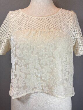 Abercrombie & Fitch Sheer Velvet Burnout Knit Lace Short Sleeve Top Size M Ivory